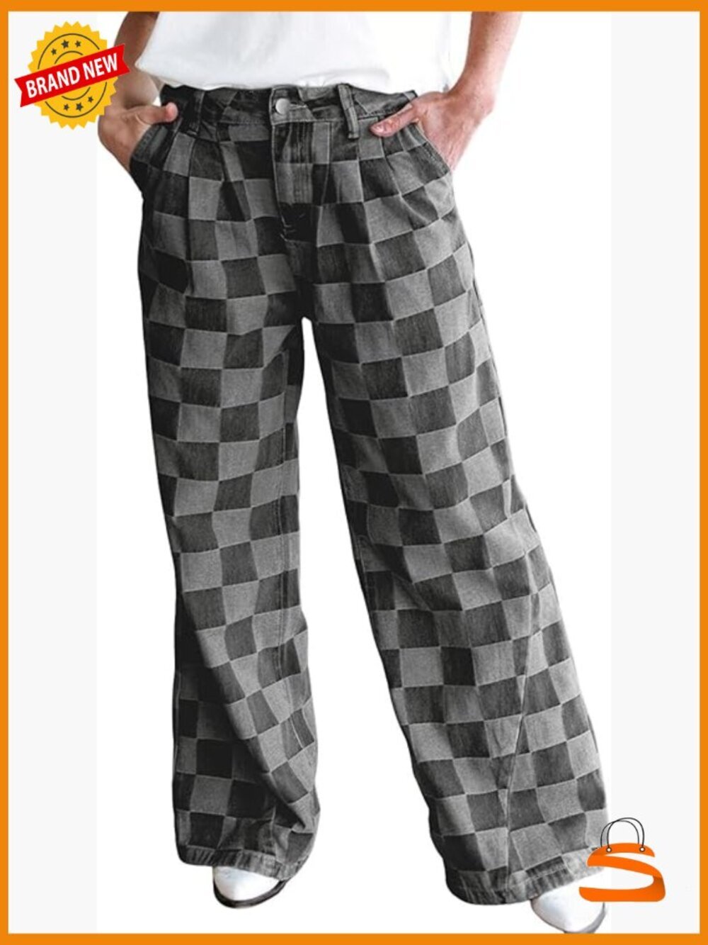 Baggy Checkered Plaid Wide Leg Jeans High Rise Denim Pants